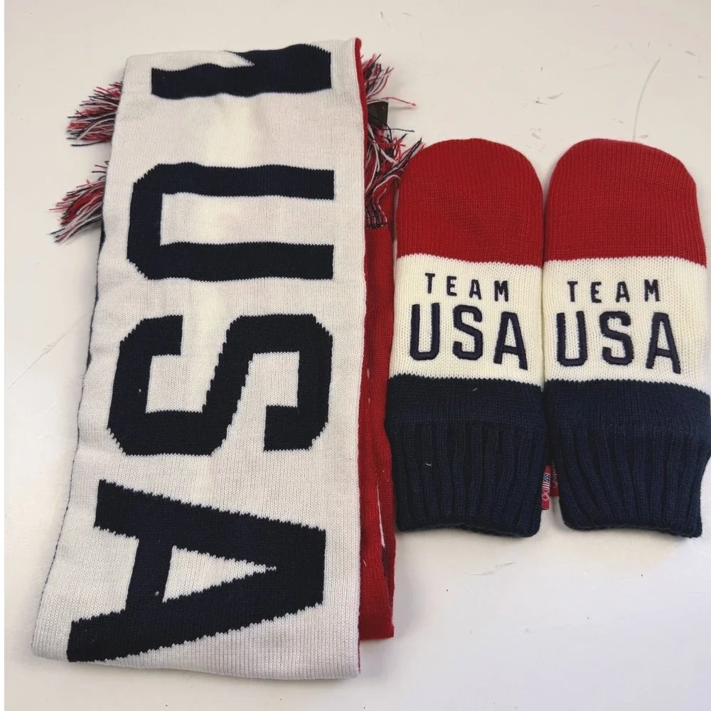 Fanatics Team USA Olympic Scarf and Mittens Set Red White Blue Winter Knit New
